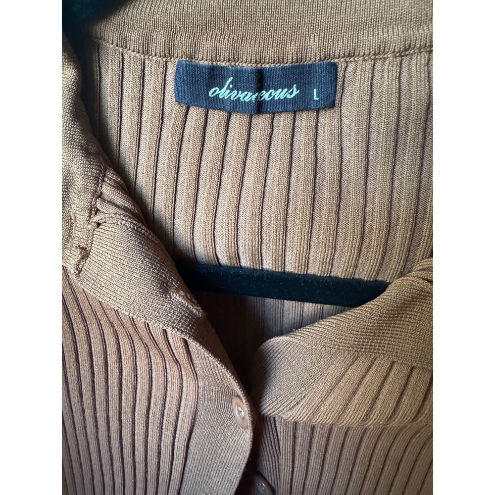 Olivaceous Brown Ribbed Knit Cropped Cardigan Long Sleeve Top Size L‎ - Picture 3 of 3